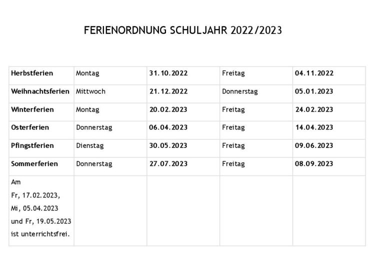 Ferienordnung Schuljahr 2022 23